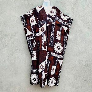 Vintage Hawaiian Muumuu Dress Barkcloth Plus Size Caftan 70s 80s Brown White